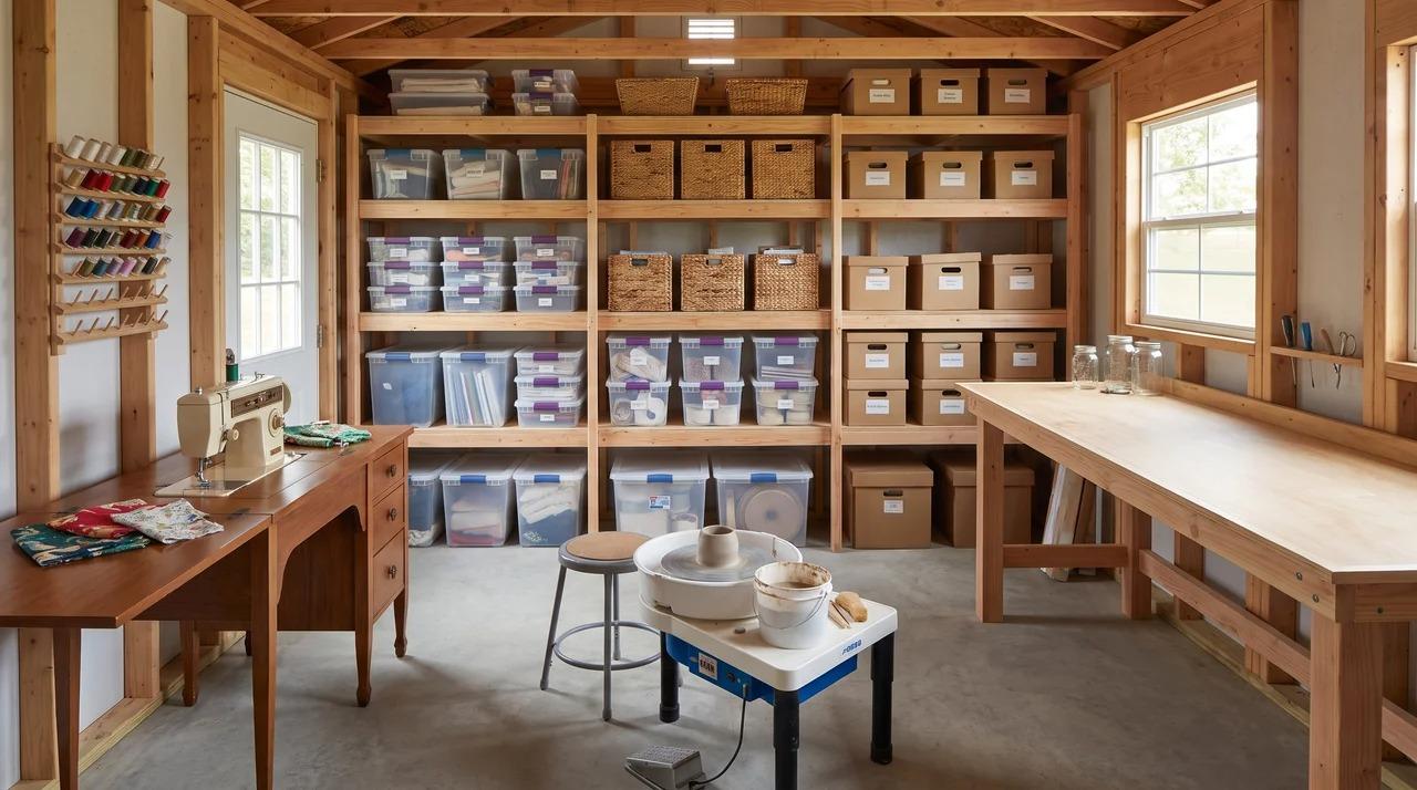 Craft shed with sewing table, pottery wheel, shelving, and clear work surface