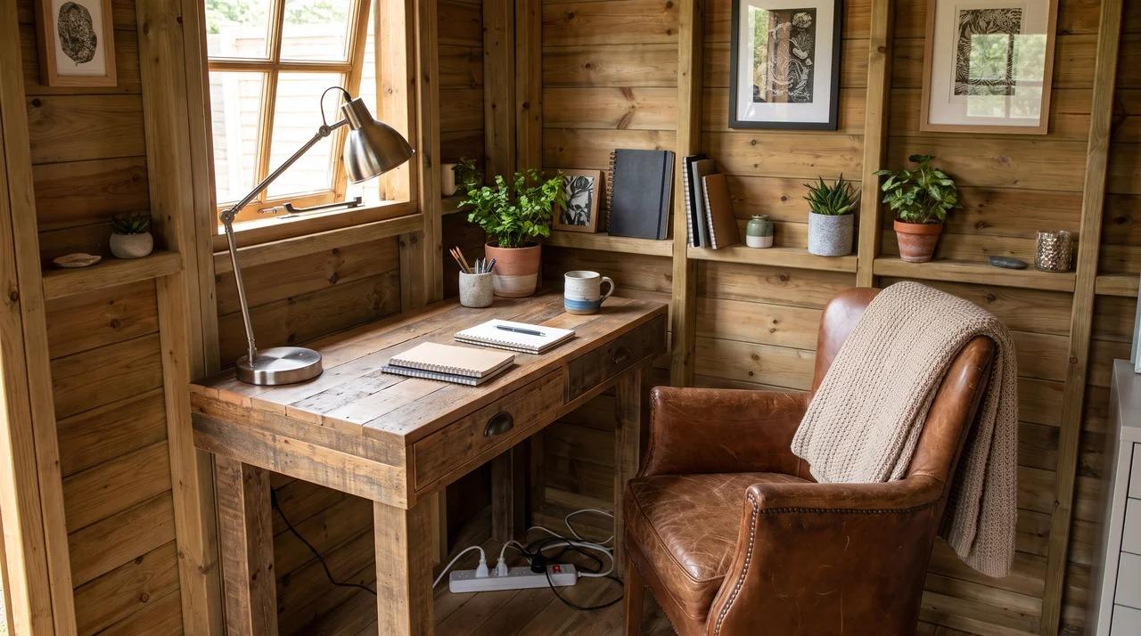 Small she shed office corner with desk, chair, task lamp, and power strip
