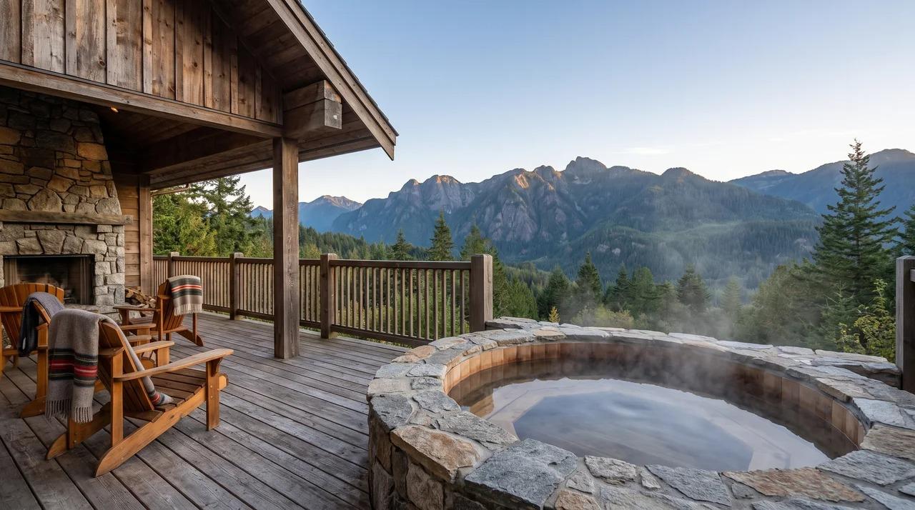 Wooden cabin deck with hot tub overlooking a mountain landscape