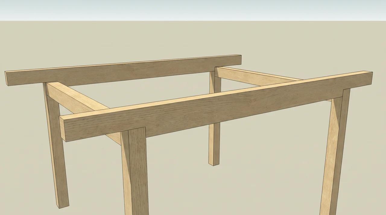 Japanese pergola main beams mounted on posts with visible end overhangs