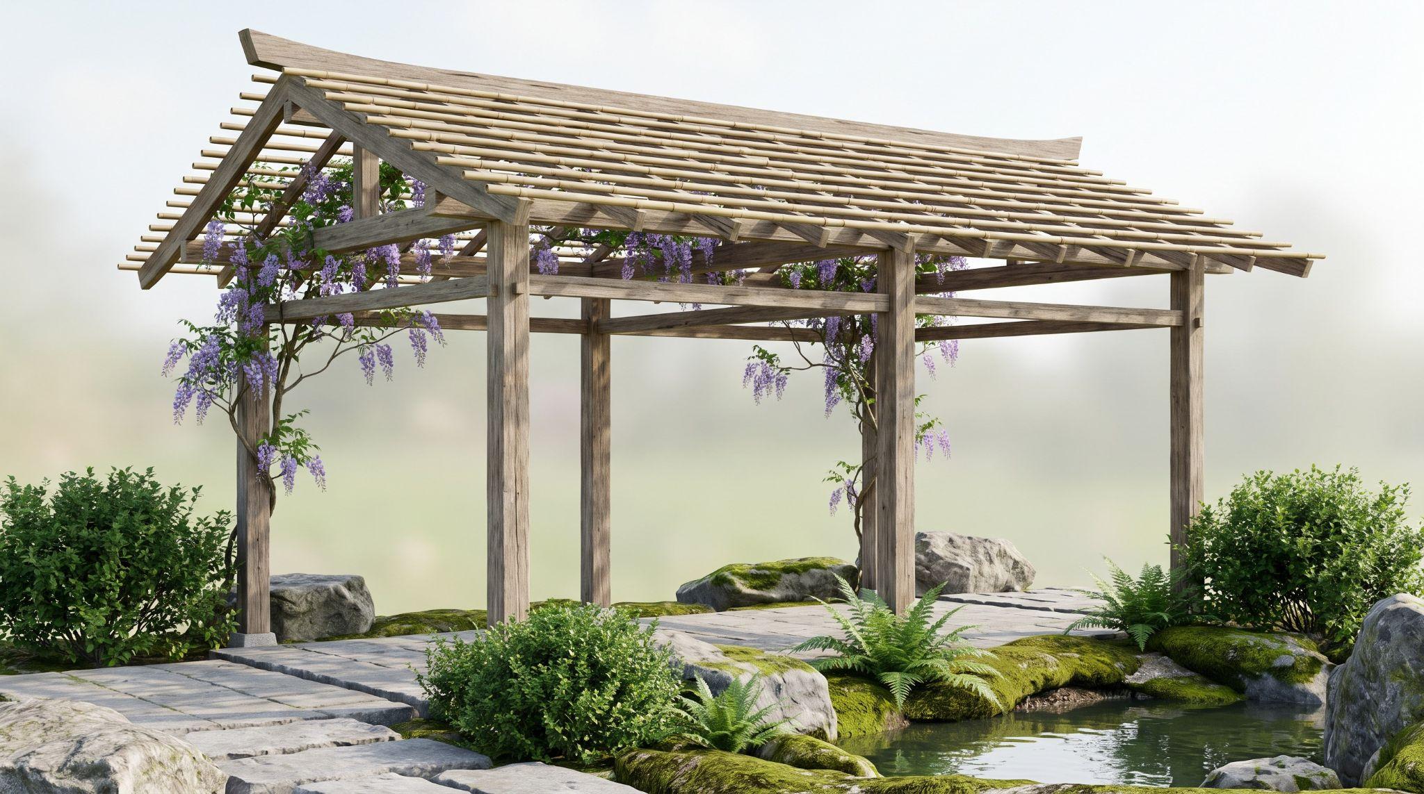 Japanese pergola with natural wood, bamboo, narrow rafters, stone, water, and climbing wisteria