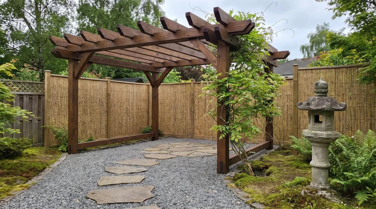 Japanese pergola with gravel path, stepping stones, stone lantern, bamboo screen, and climbing plant
