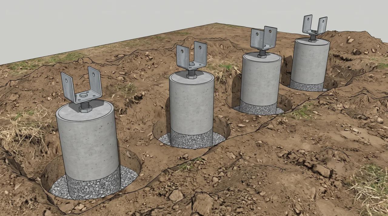 Four concrete pergola footings with gravel bases and adjustable post bases