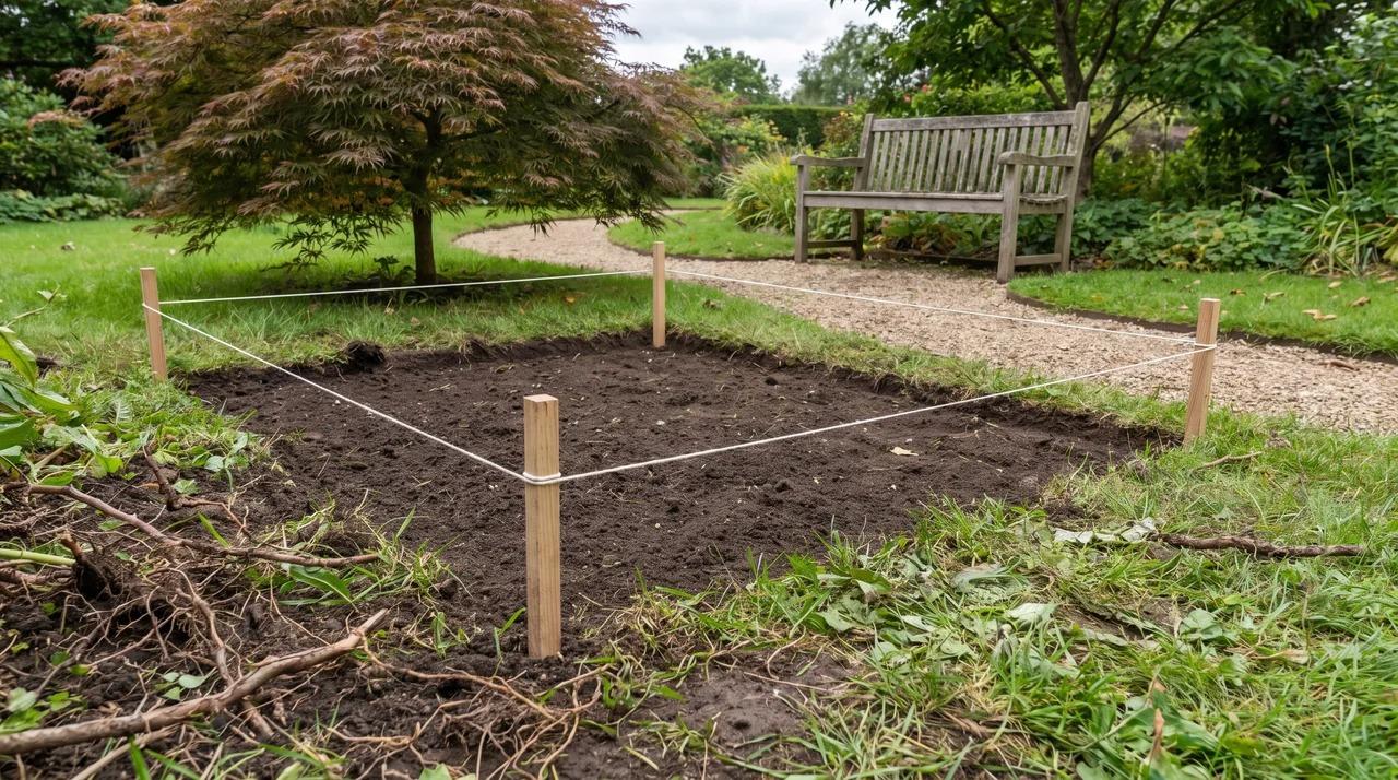 Japanese pergola footprint marked with stakes and string beside a garden path and tree