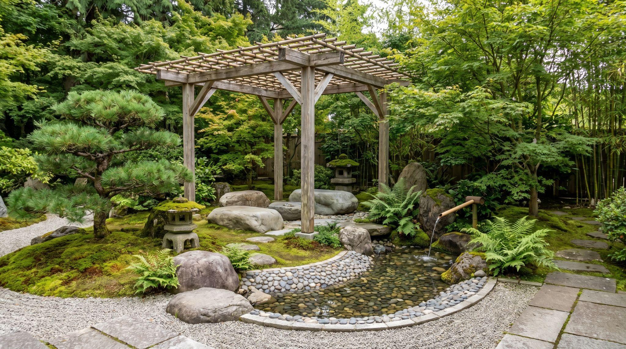 Japanese pergola in a garden with natural wood, bamboo, stone, water, and plants