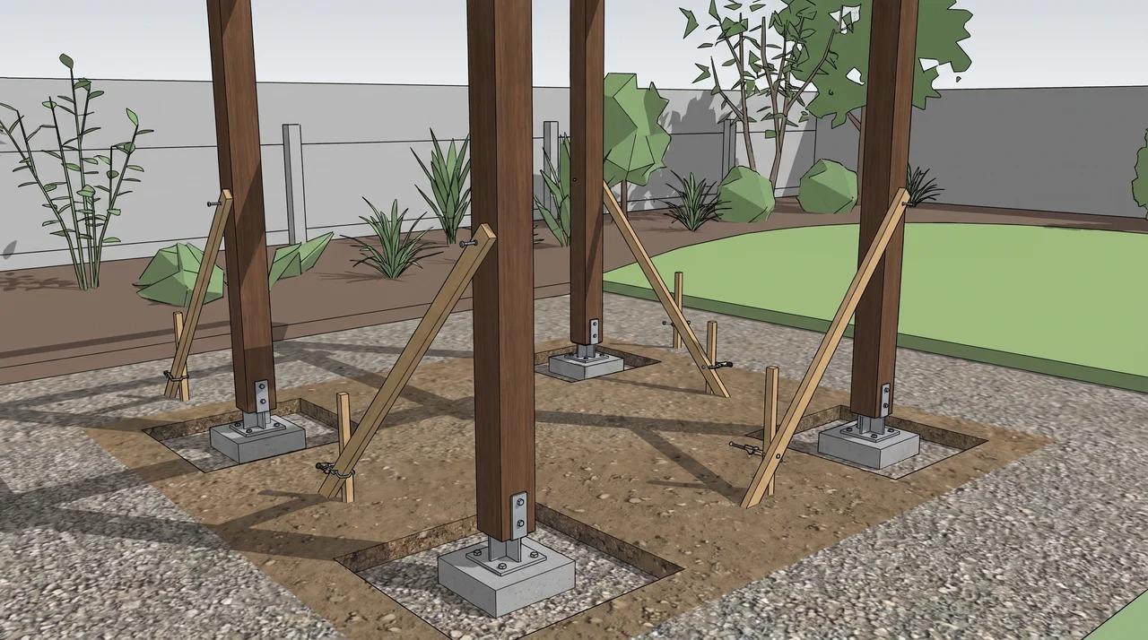 Japanese pergola posts bolted to bases and supported by diagonal braces