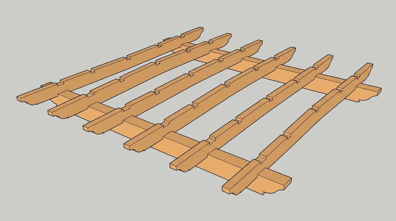 Japanese pergola rafters spaced across beams with curved overhanging ends