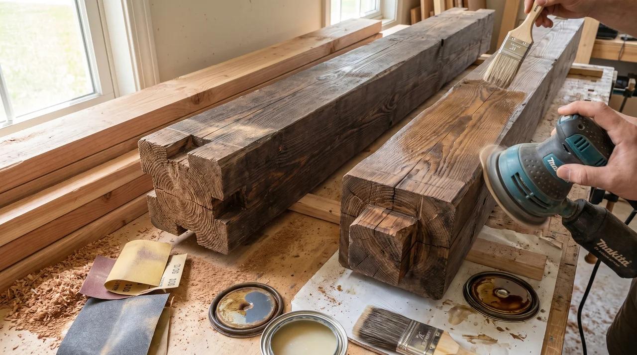 Cedar pergola pieces with sanded surfaces, sealed end grain, and prepared notches