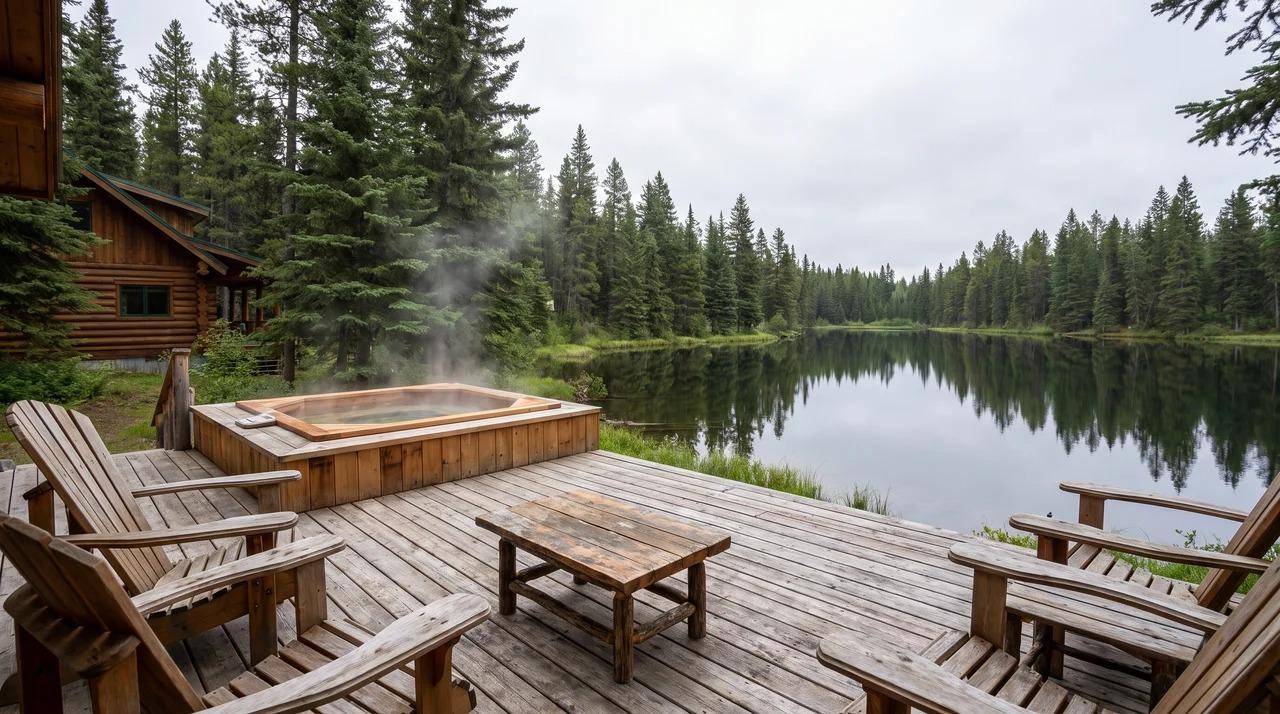 Wooden lakeside deck with outdoor seating and hot tub overlooking a calm lake