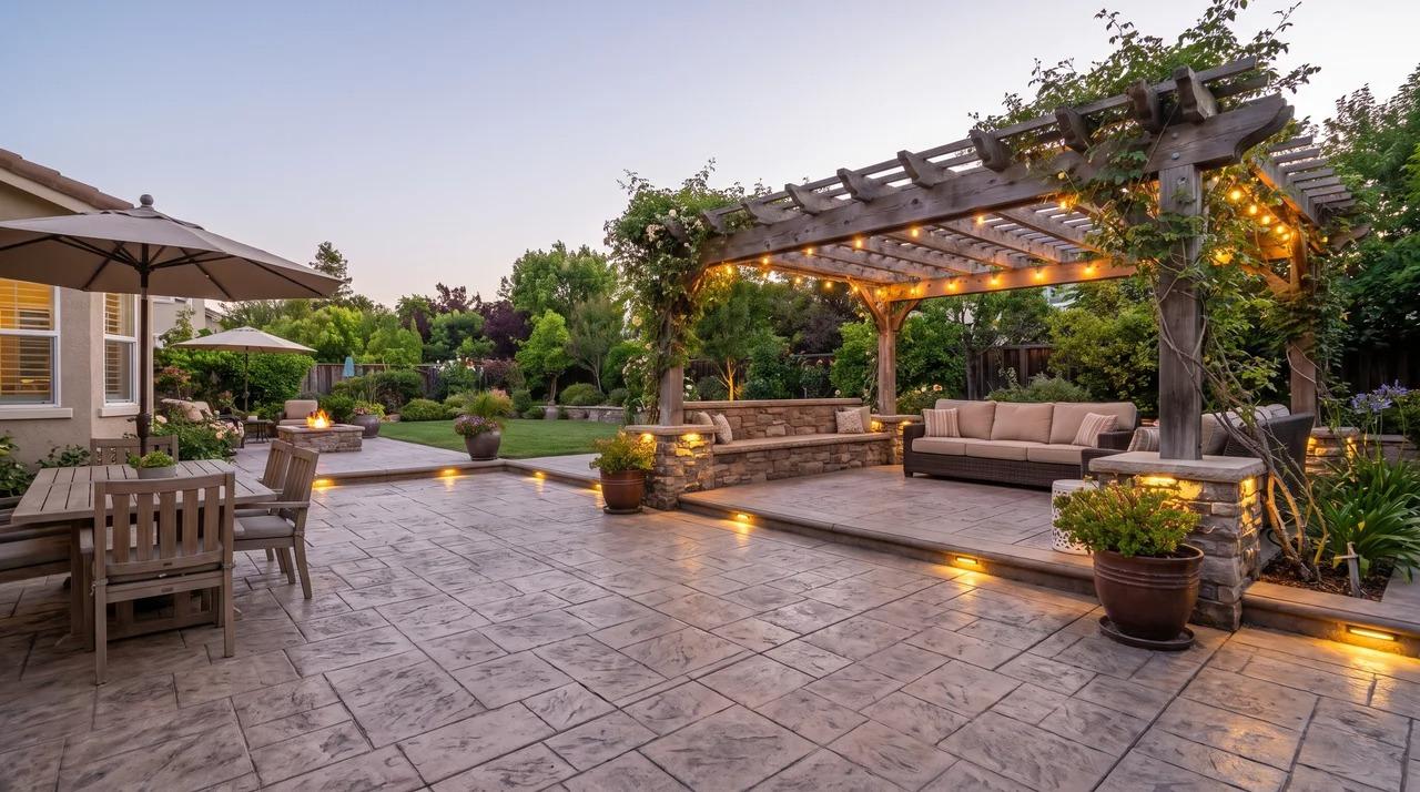 Large stamped concrete patio with pergola, built-in seating, dining area, and sofa