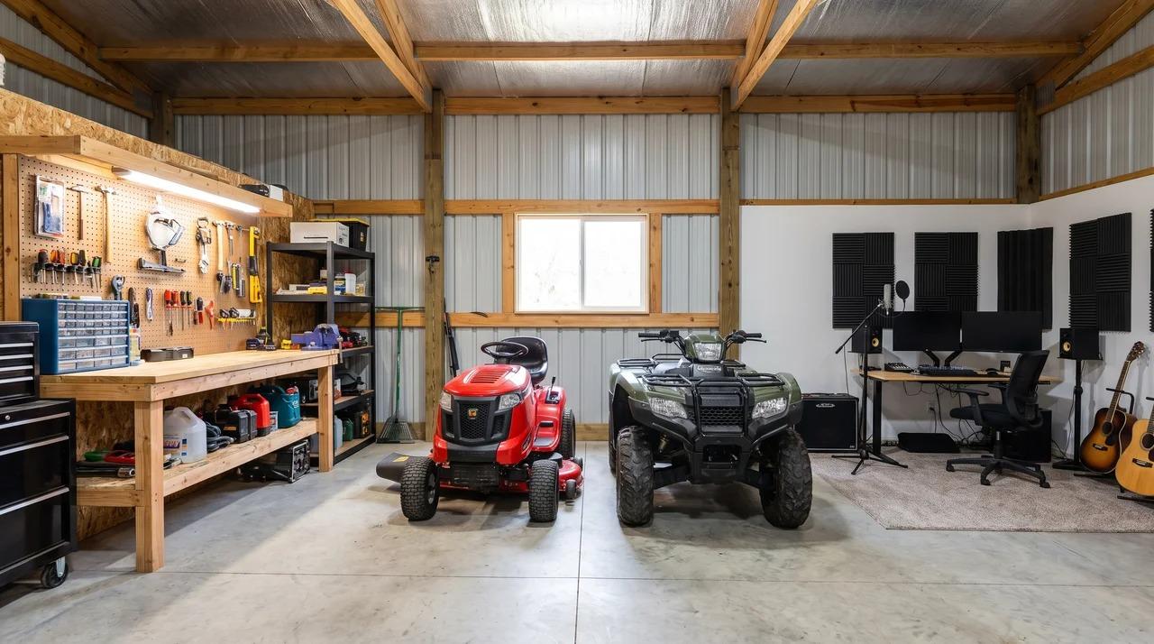 Large shed with riding mower, ATV, workshop area, and studio space