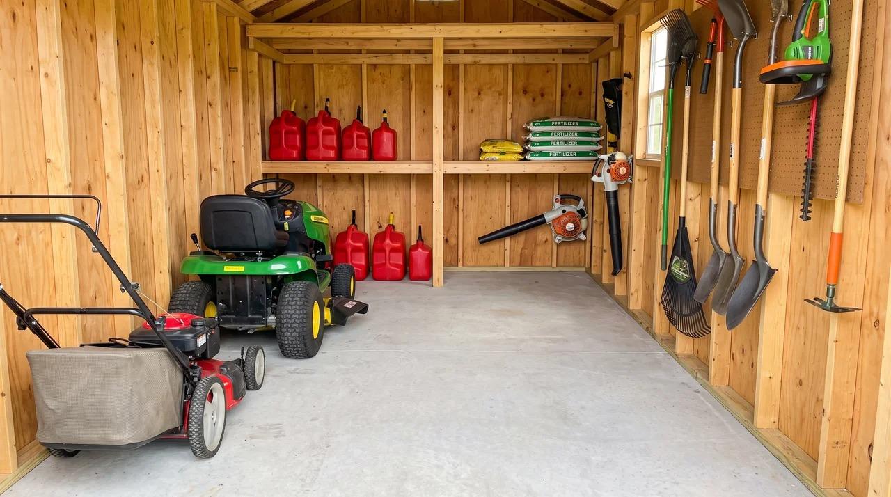 Shed storing a lawn mower, gas cans, fertilizer, leaf blower, and outdoor tools
