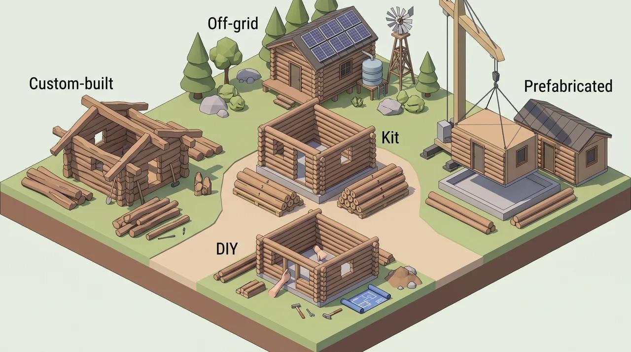 Different log cabin construction methods shown as separate cabin structures
