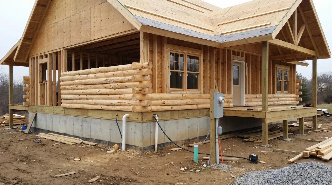 Log cabin with foundation, log walls, roof, windows, doors, deck, and utility connections