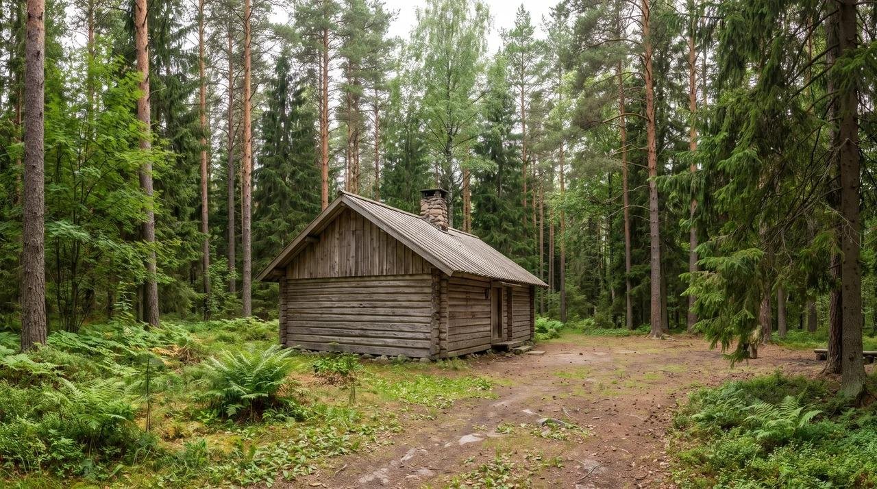 Log cabin surrounded by trees in a wooded setting