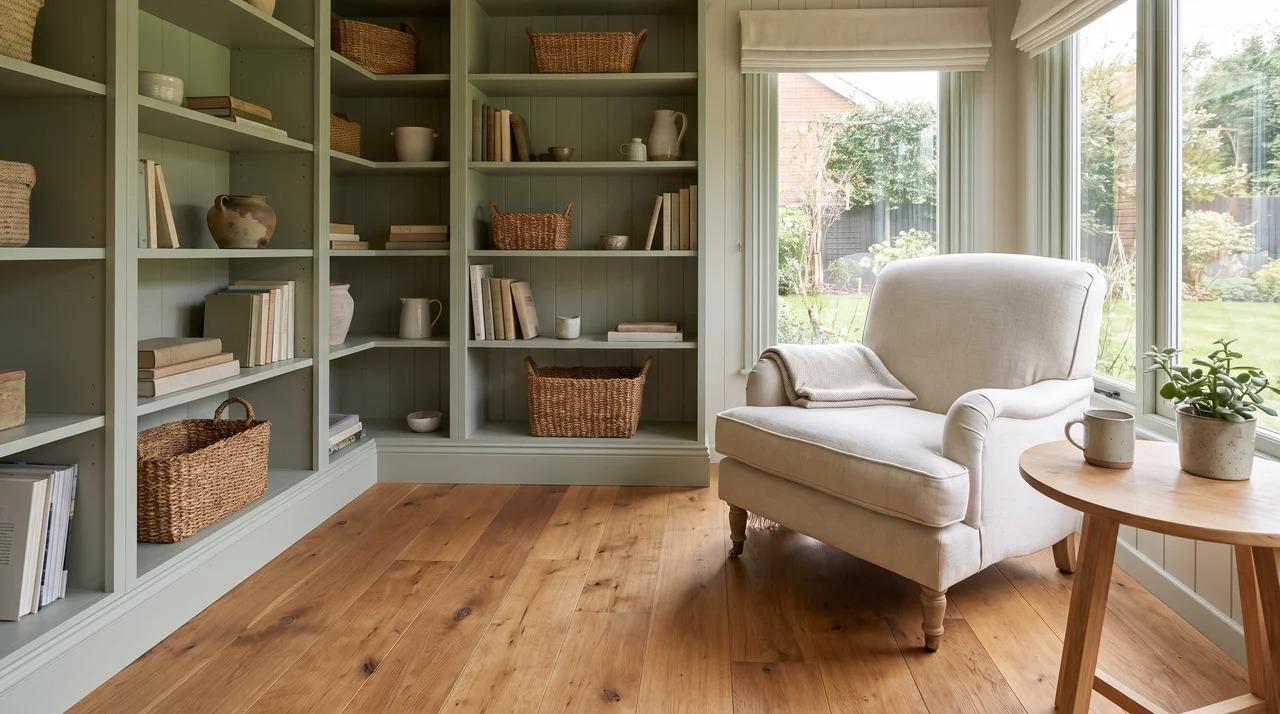 Luxury she shed with upgraded flooring, built-in shelving, and armchair