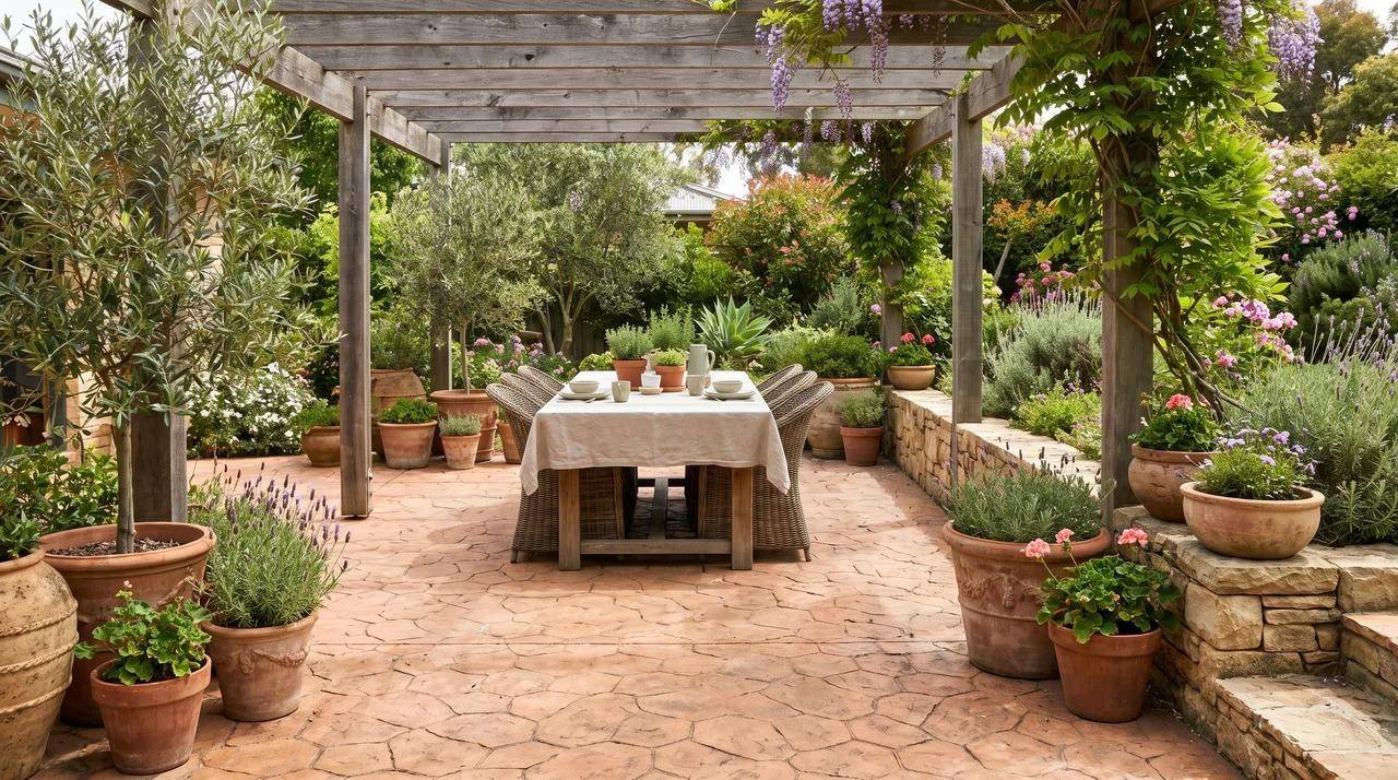 Mediterranean stamped concrete patio with vine-covered wooden pergola and terracotta pots