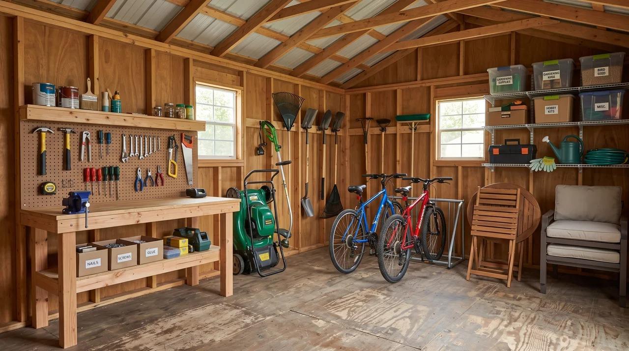 Medium shed with lawn equipment, bikes, outdoor furniture, and a workbench