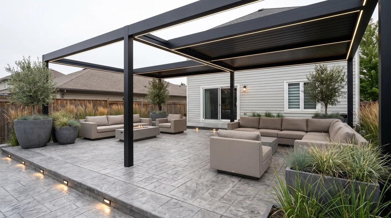 Gray stamped concrete patio with black aluminum pergola and large planters