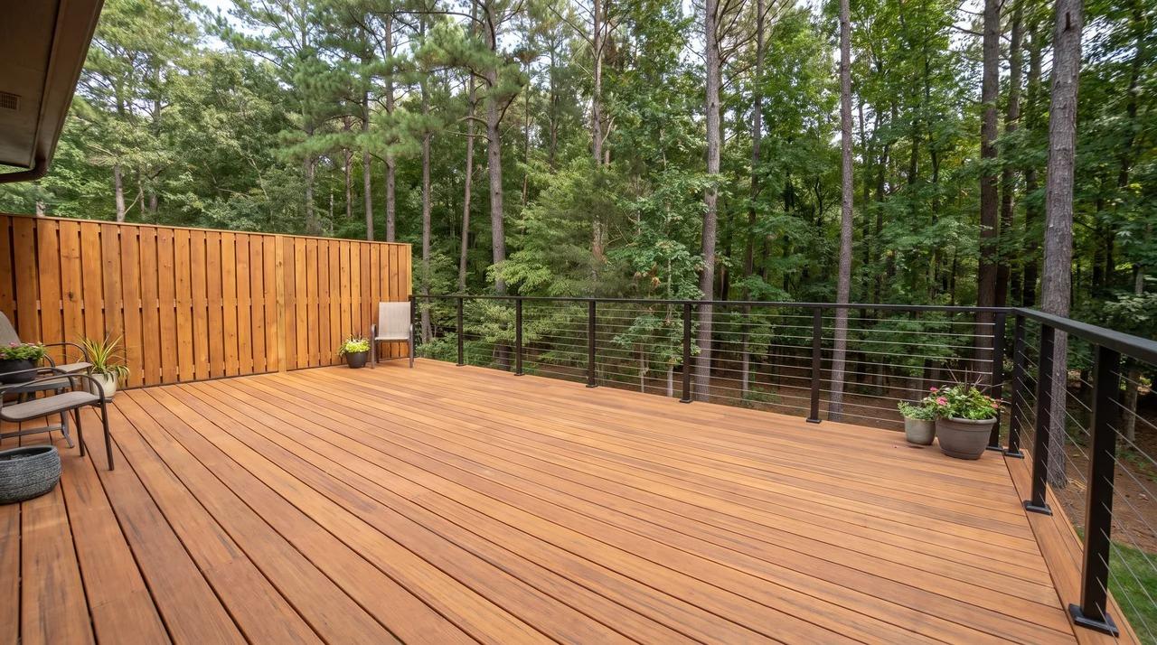 Modern wooden deck with cable railings and wooden privacy fence overlooking trees