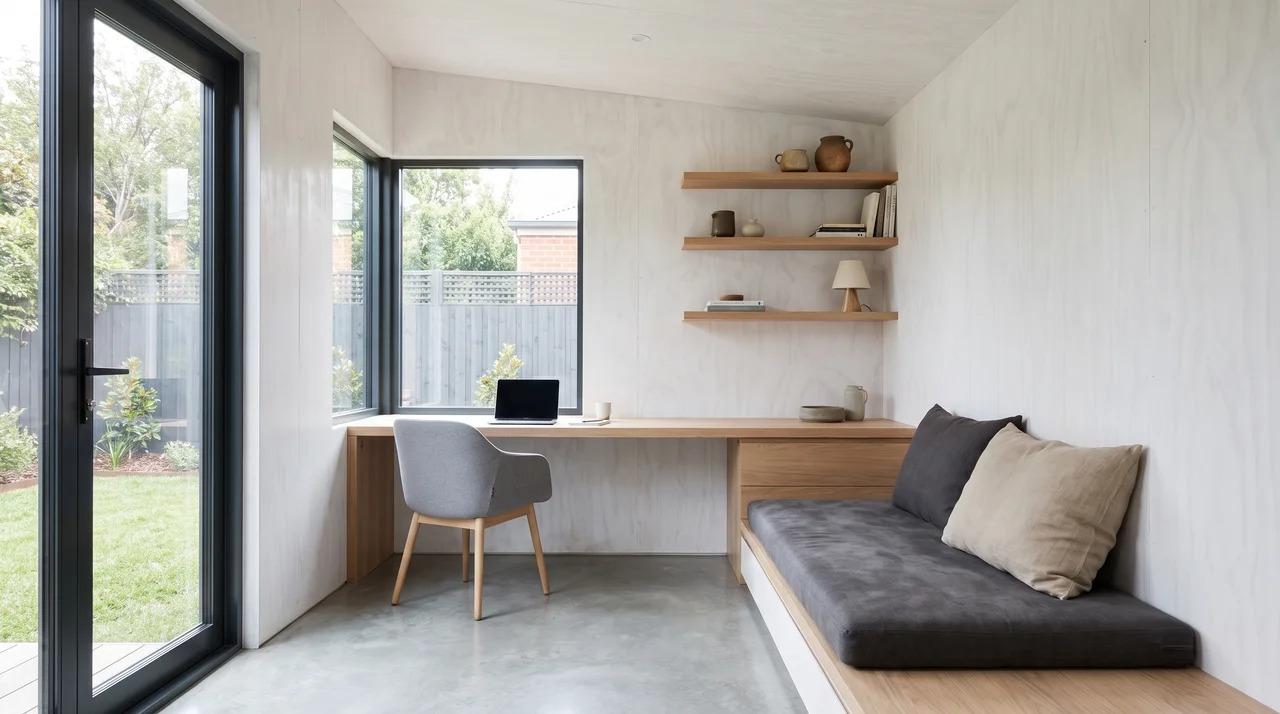 Modern minimalist she shed with clean lines and functional furniture