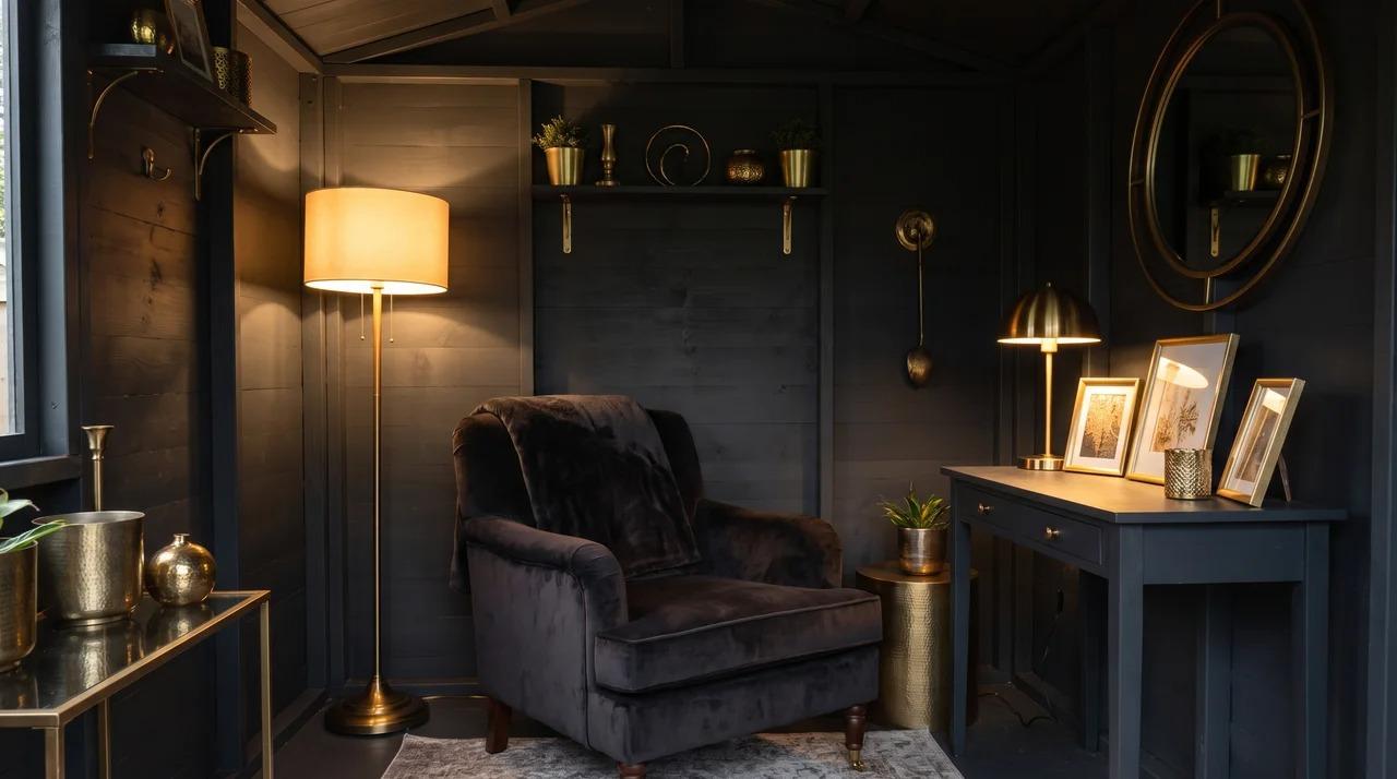 Dark she shed interior with warm lamp light and brass accents