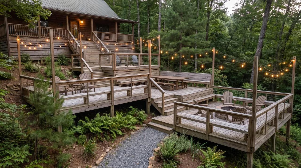 Multi-level wooden deck on a hillside with cable railings, seating, and fire pit