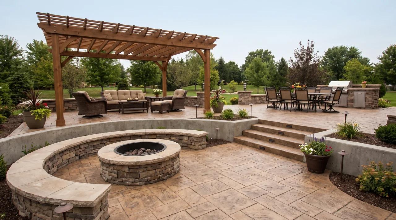 Multi-level stamped concrete patio with pergola lounge, dining area, and fire pit