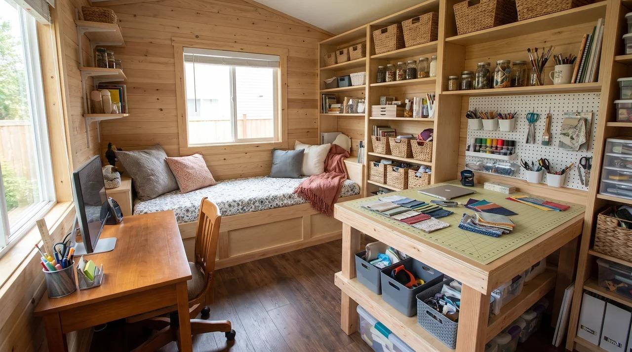 Multi-purpose she shed with daybed, desk, craft table, and storage