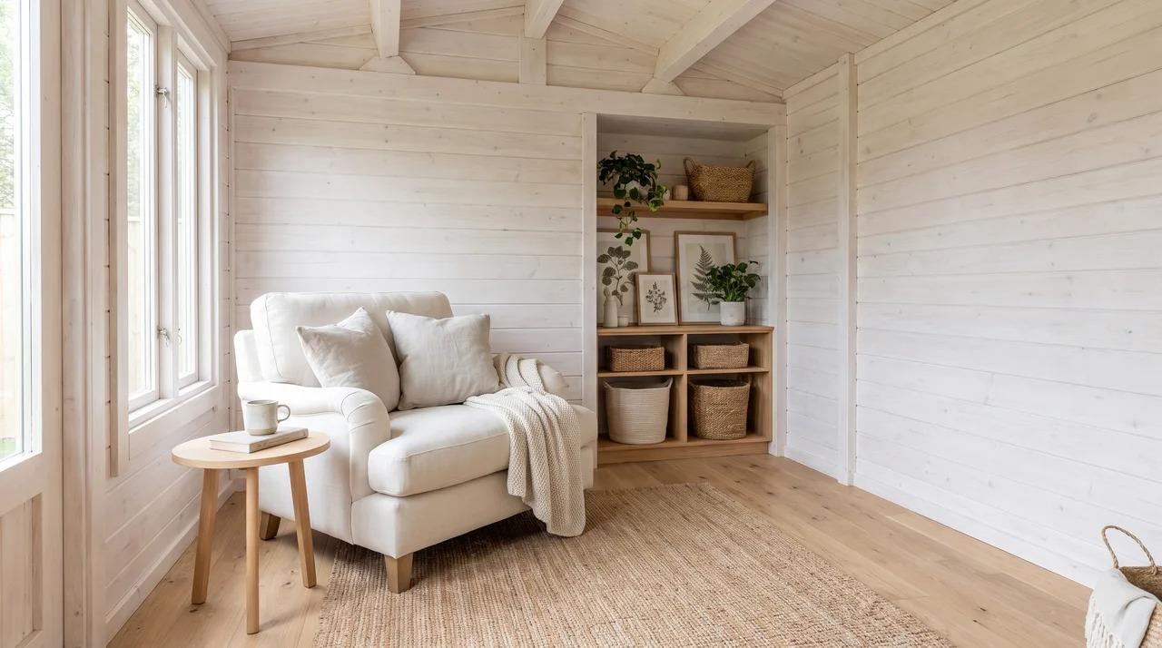 Neutral white she shed with pillows, rug, wood accents, and furniture