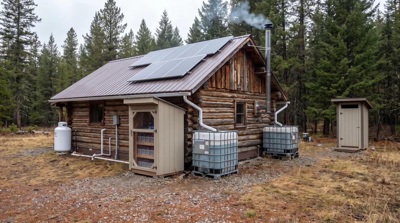 Off-grid log cabin with solar panels, rainwater collection, wood stove, and utility systems