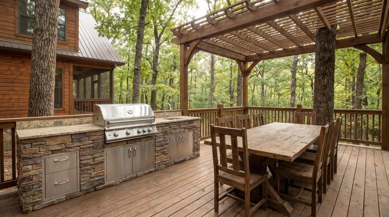 Outdoor kitchen deck with built-in grill, countertops, and dining table