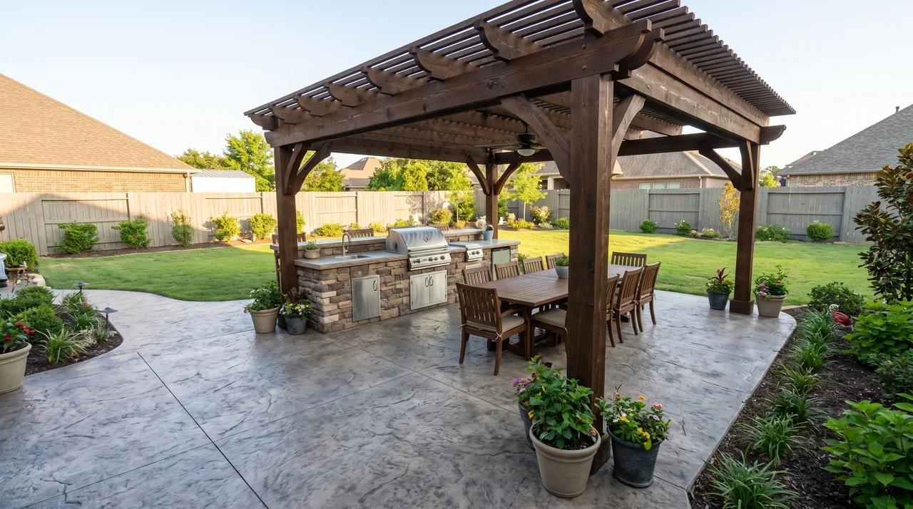 Stamped concrete patio with pergola, outdoor kitchen, built-in grill, and dining area
