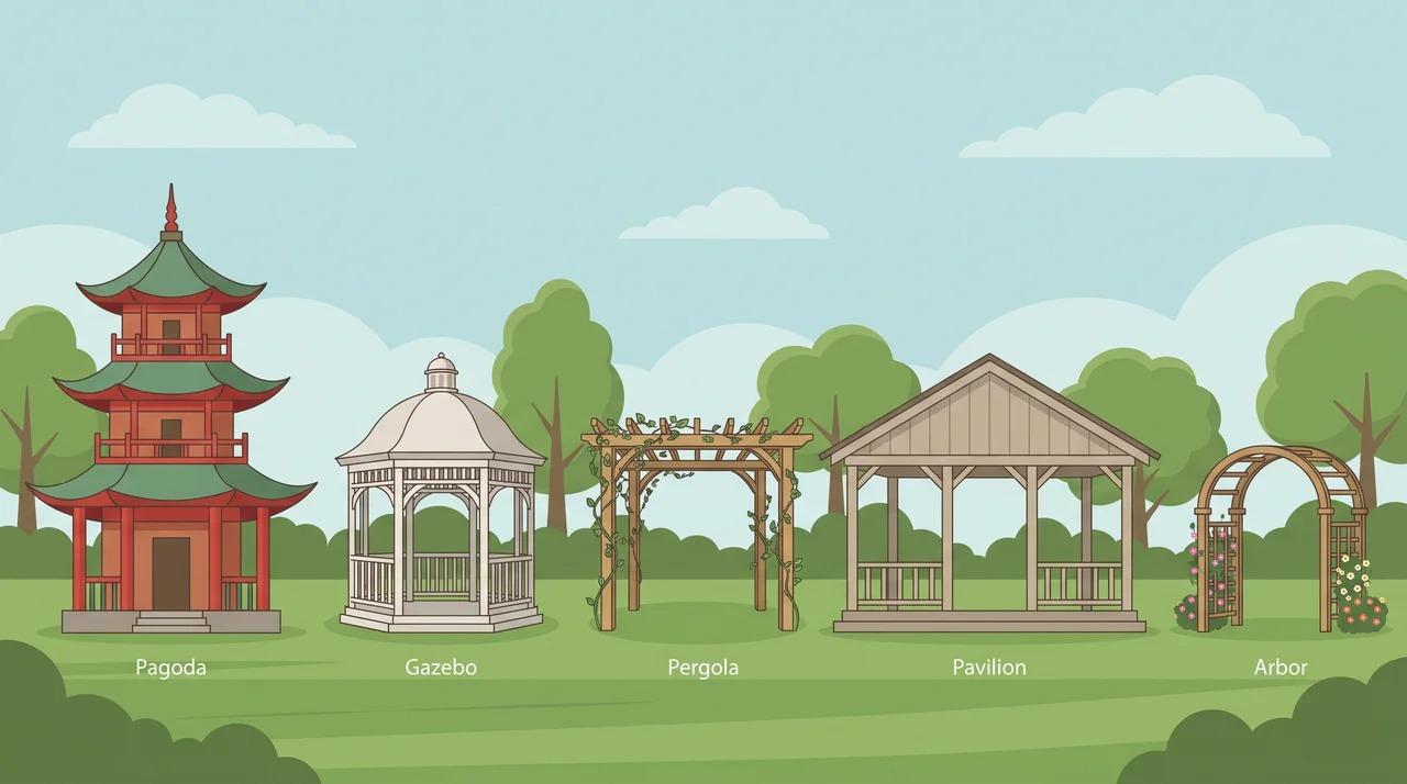 Pagoda, gazebo, pergola, pavilion, and arbor in landscaped outdoor garden settings