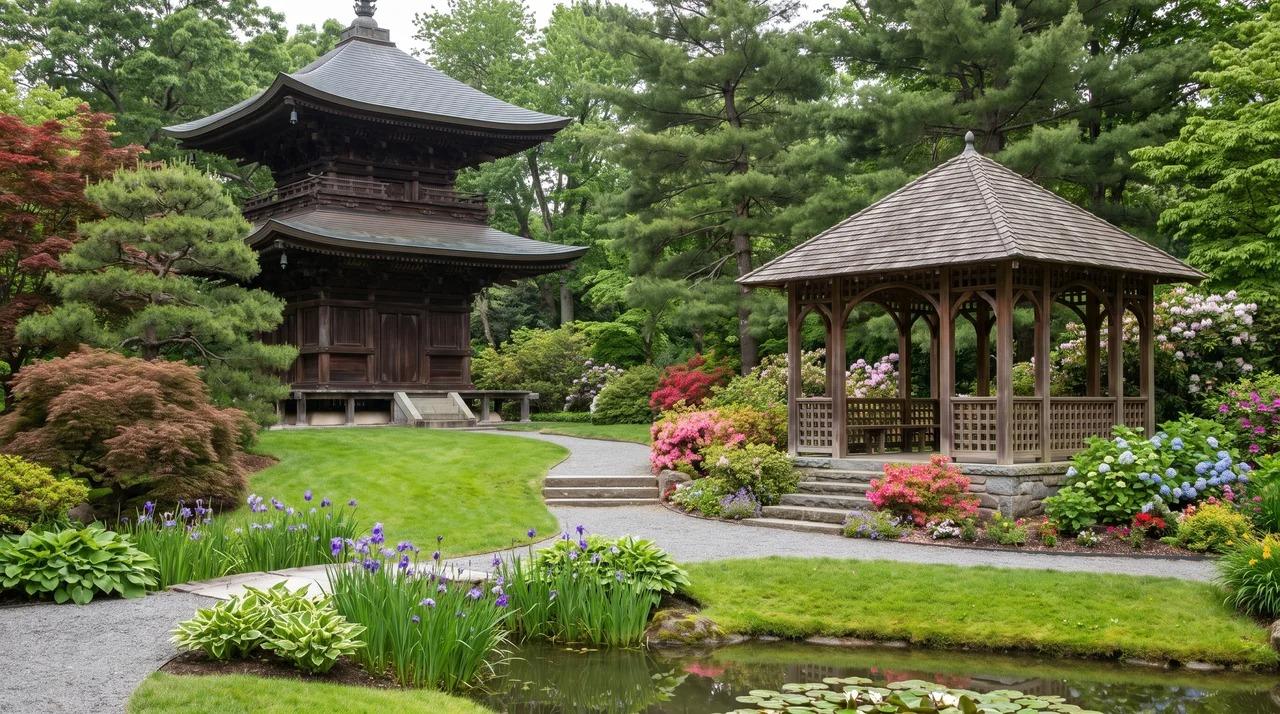 Traditional wooden pagoda and classic gazebo in a landscaped garden with lawns, trees, and flowers