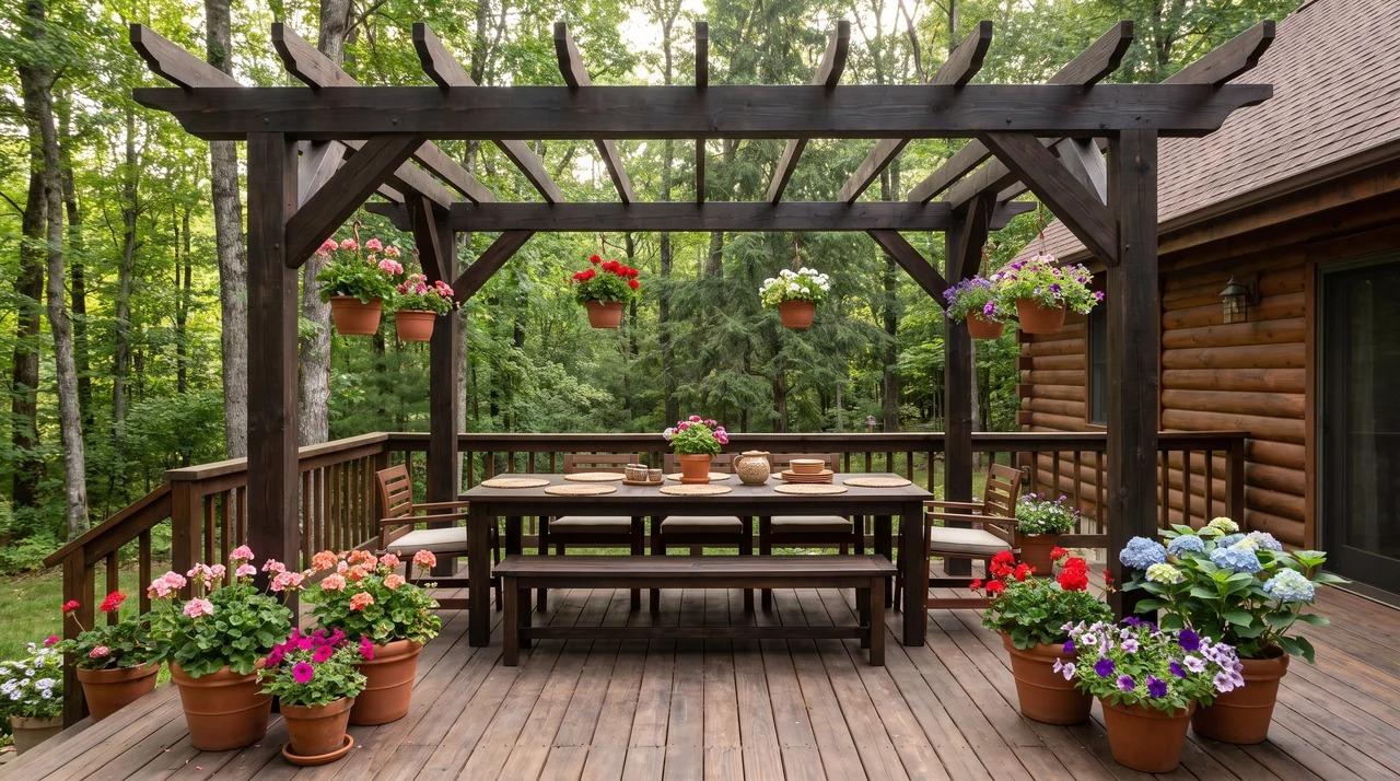 Wooden cabin deck with dark pergola, dining furniture, and potted flowers