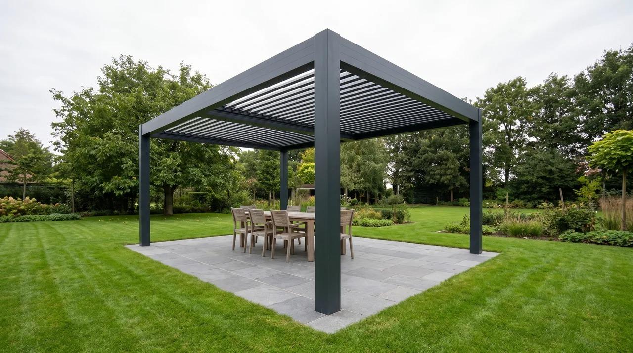 Black metal pergola with slatted roof over a gray stone patio