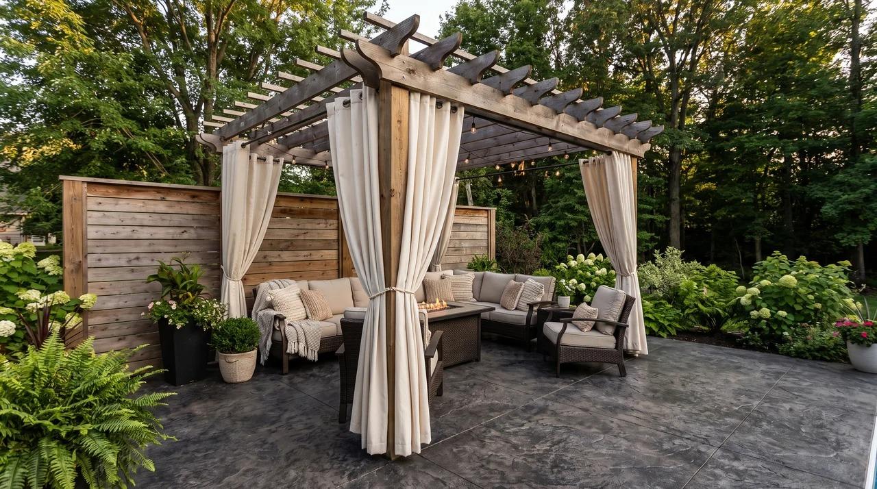 Stamped concrete patio with pergola, wood privacy screens, curtains, and seating