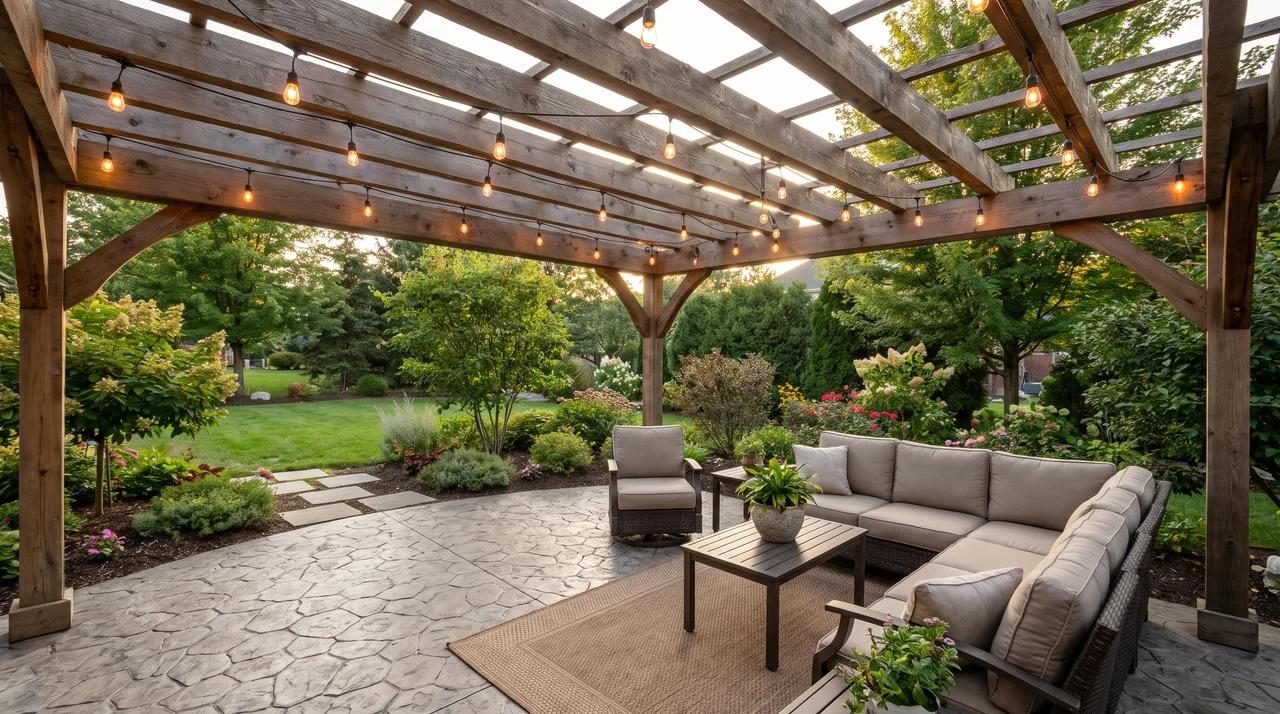 Wooden pergola over stamped concrete patio with outdoor seating and string lights