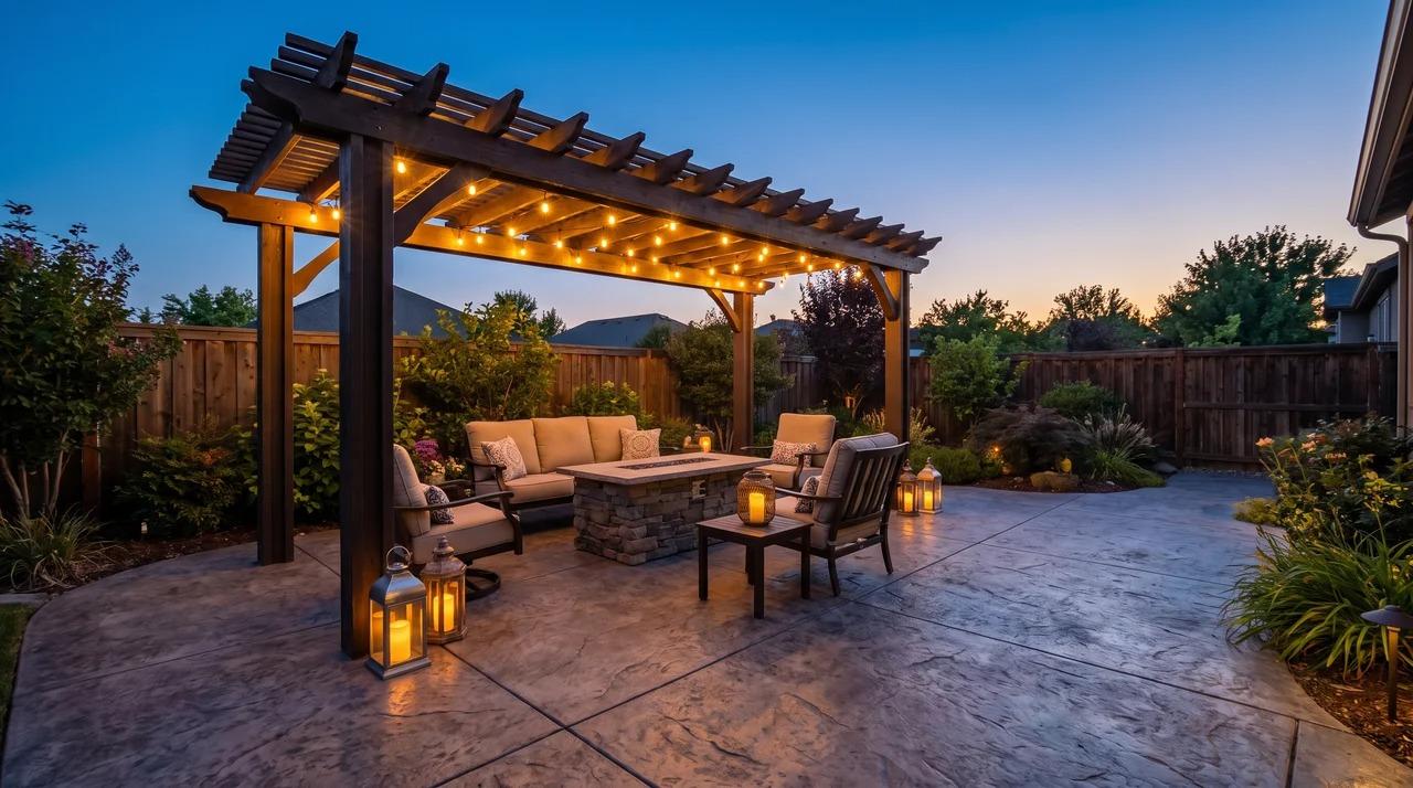 Stamped concrete patio with pergola, string lights, lanterns, and outdoor seating