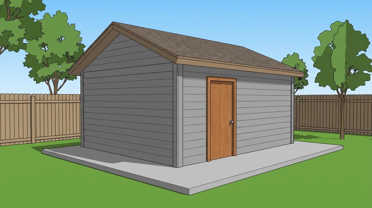 One-story detached storage shed in a residential backyard