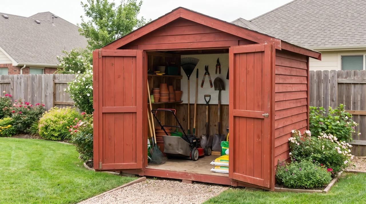 Red garden shed with open doors and tools in a backyard