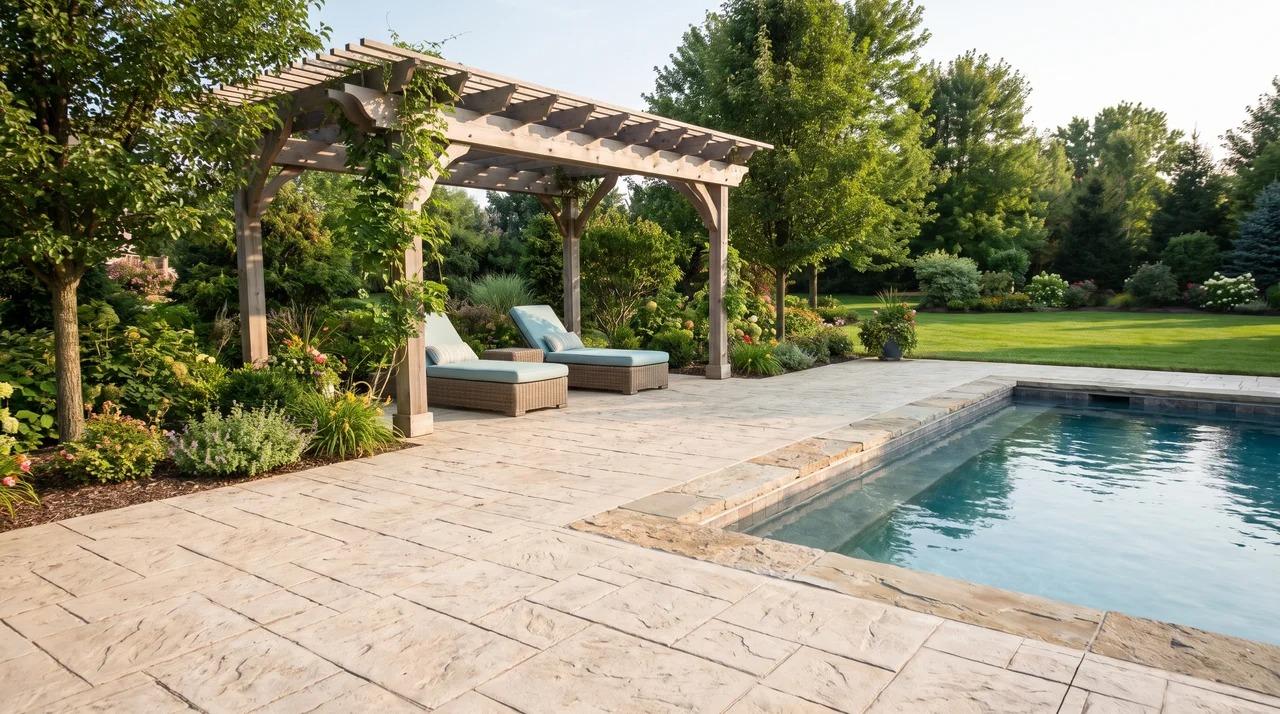Light stamped concrete pool patio with pergola, lounge chairs, and swimming pool