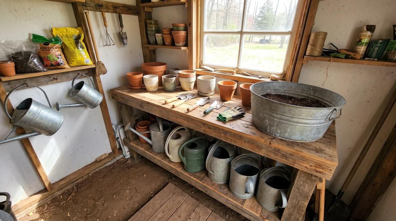 She shed potting workspace with bench, galvanized tub, pots, and garden tools