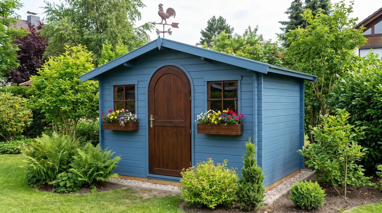Blue prefabricated garden shed with arched wood door and flower boxes