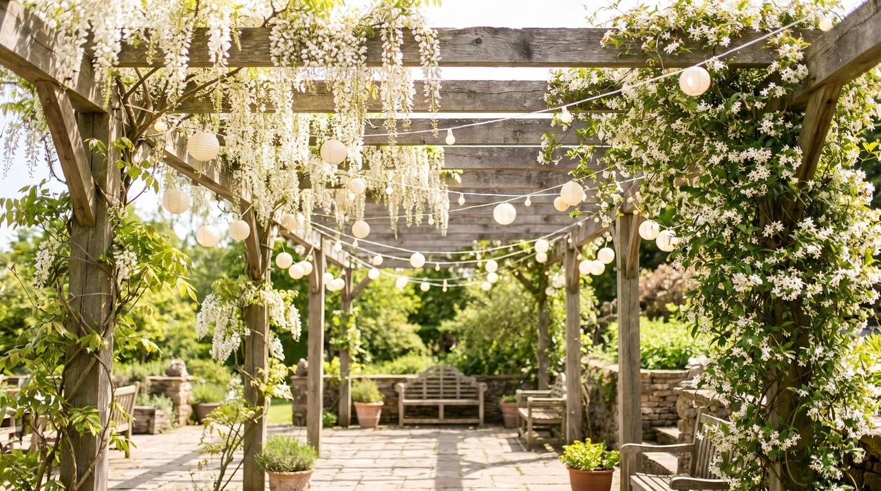 Wooden pergola beams with white flowering vines and hanging string lantern lights