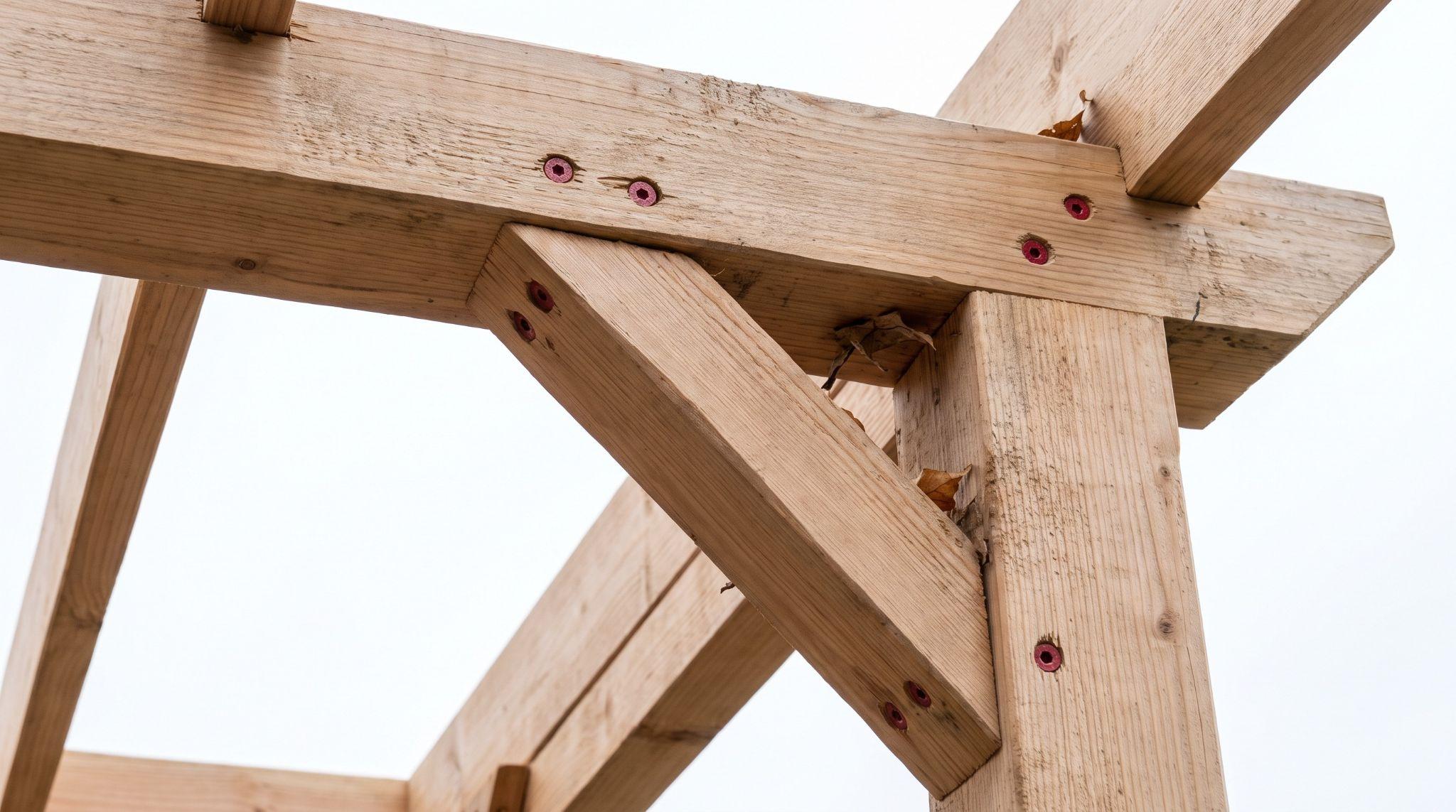 Light wood pergola corner joint with diagonal brace and red screws