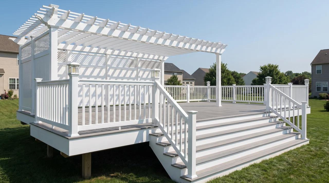 White vinyl pergola on an elevated deck with stairs and railings