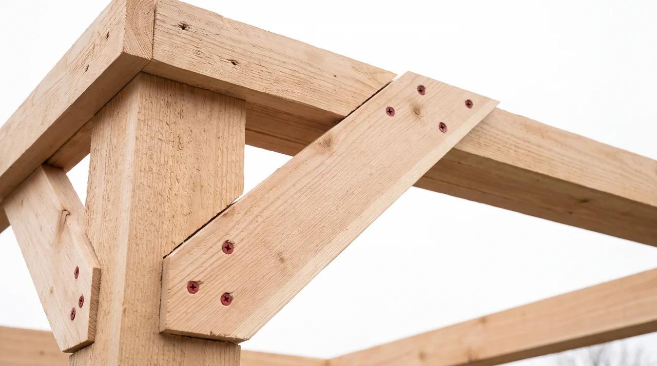Light wood pergola corner joint with diagonal brace and red screws