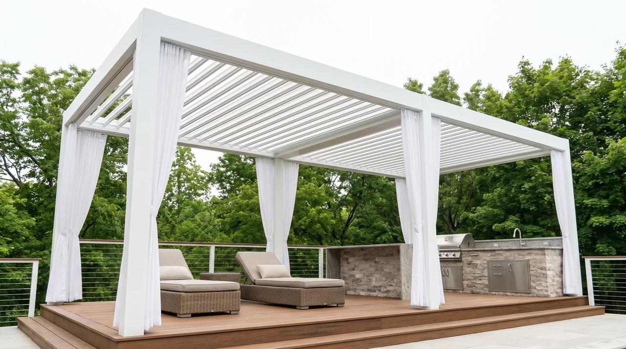 White louvered pergola over a raised deck with lounge chairs and outdoor kitchen